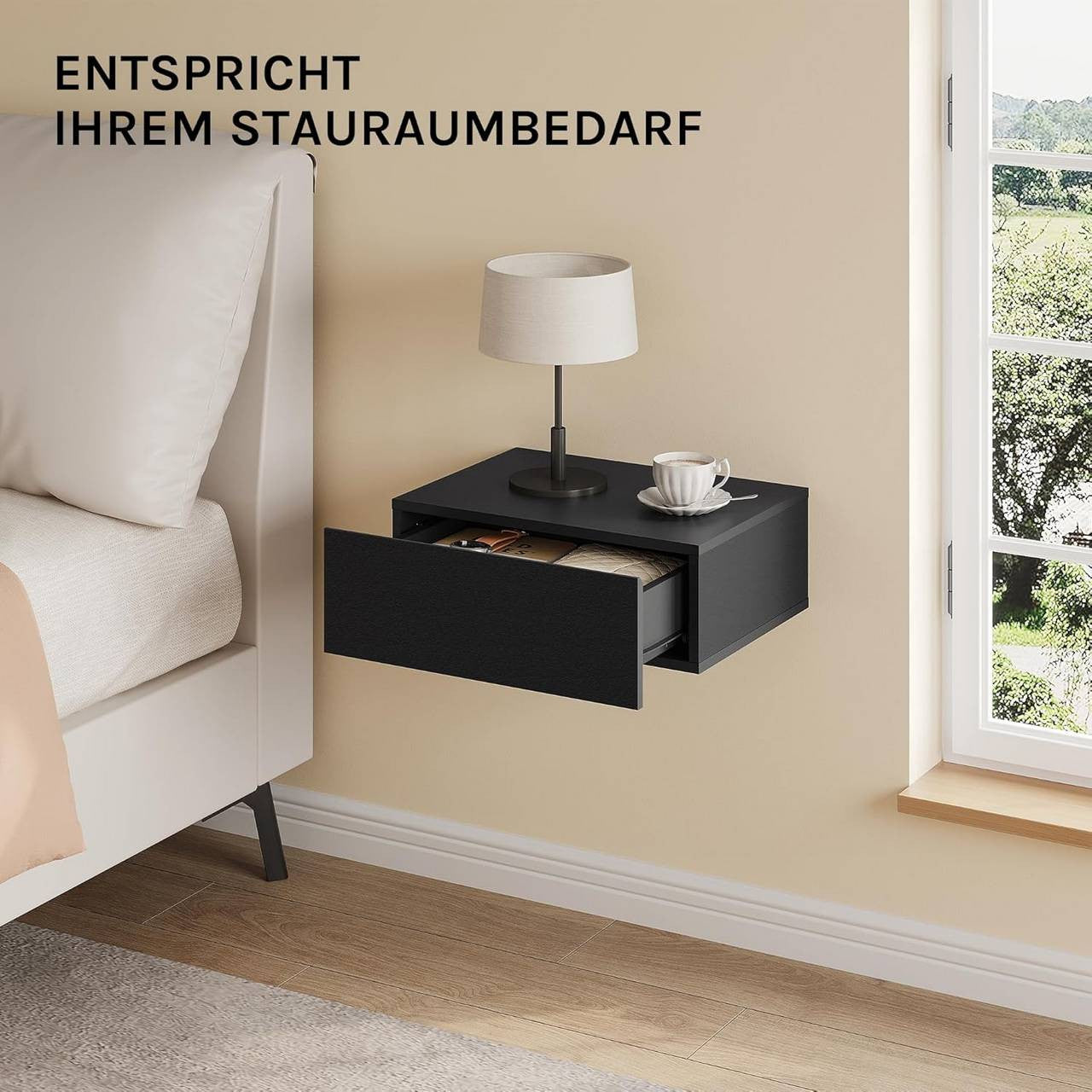 24goodz Set of 2 Floating Nightstands - Space-Saving Design - Durable MDF - For Bedroom or Living Room - Black - 40 x 30 x 14 cm