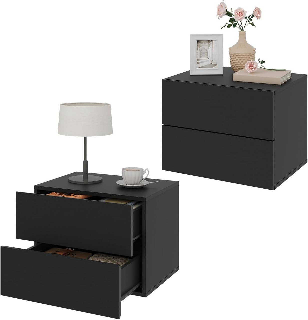 24goodz Set of 2 Floating Nightstands - Space-Saving Design - Durable MDF - For Modern Interiors - Black - 40x30x30 cm