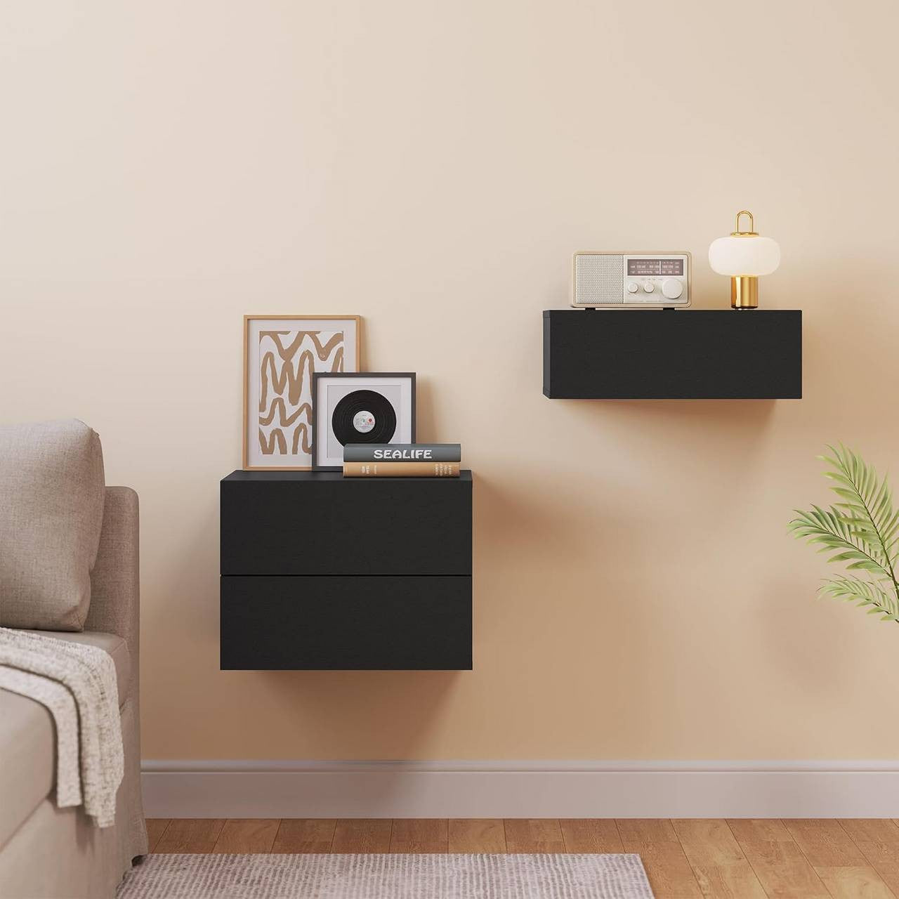 24goodz Set of 2 Floating Nightstands - Space-Saving Design - Durable MDF - For Modern Interiors - Black - 40x30x30 cm
