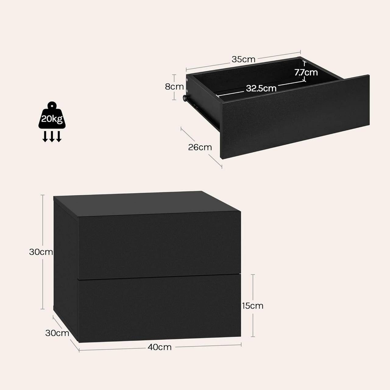 24goodz Set of 2 Floating Nightstands - Space-Saving Design - Durable MDF - For Modern Interiors - Black - 40x30x30 cm