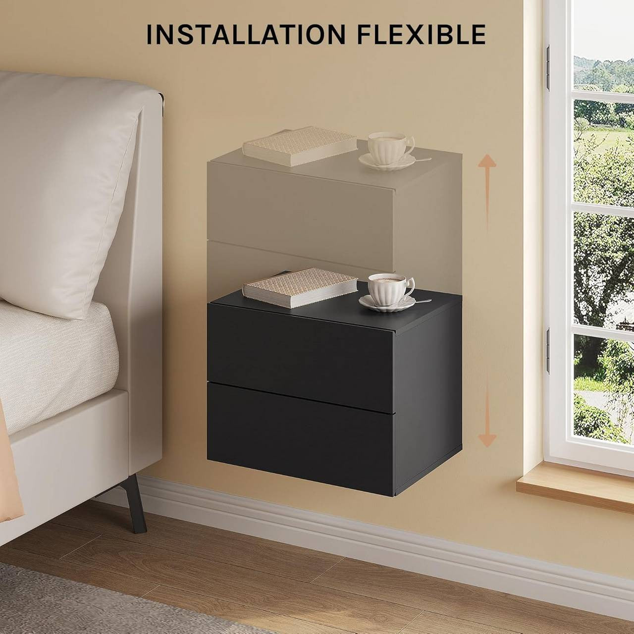 24goodz Set of 2 Floating Nightstands - Space-Saving Design - Durable MDF - For Modern Interiors - Black - 40x30x30 cm