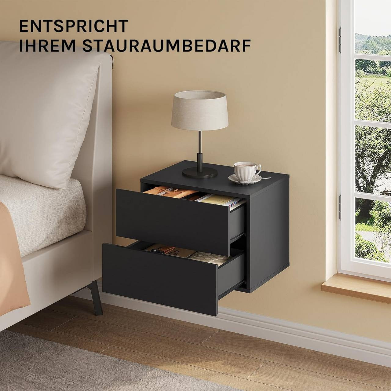 24goodz Set of 2 Floating Nightstands - Space-Saving Design - Durable MDF - For Modern Interiors - Black - 40x30x30 cm