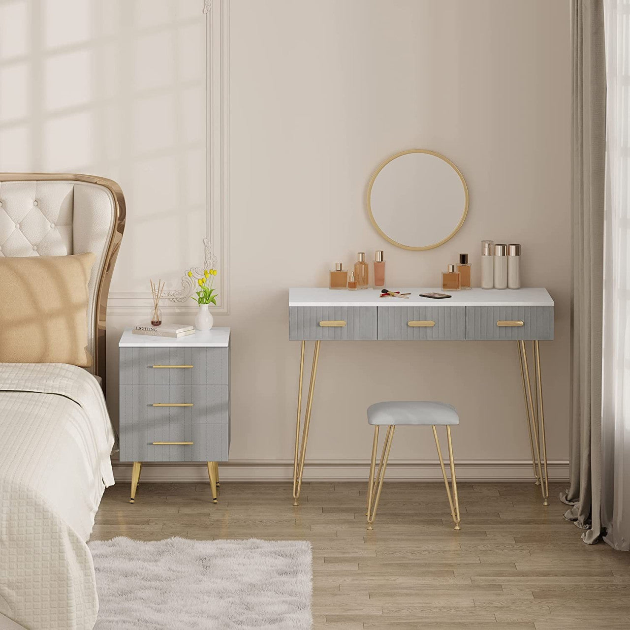 24goodz Nightstand with 3 Spacious Drawers - Elegant Design - MDF and Metal - For Bedroom and Living Room - Grey