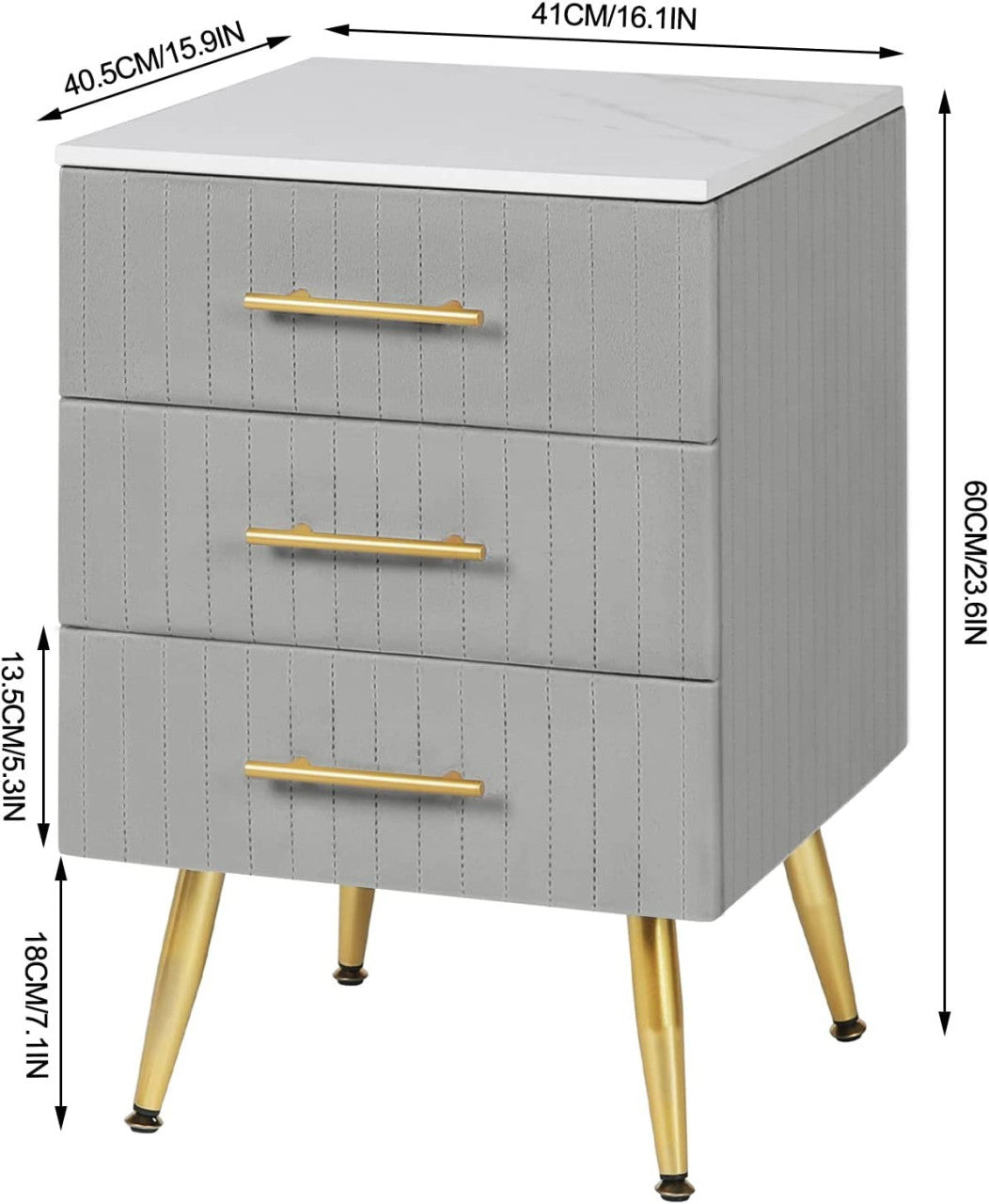 24goodz Nightstand with 3 Solid Wood Drawers - Spacious Storage - MDF and Metal - For All Rooms - Grey