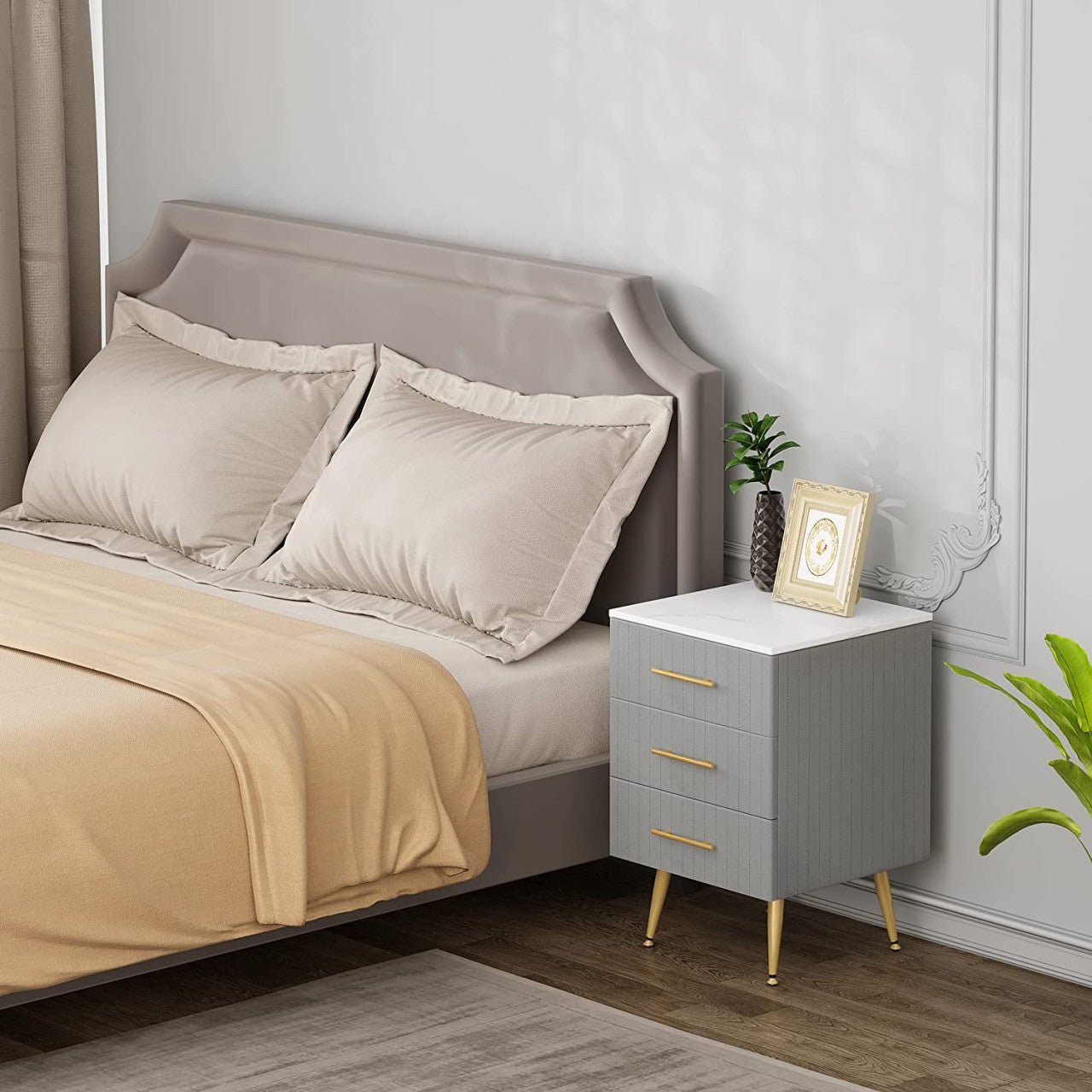 24goodz Nightstand with 3 Solid Wood Drawers - Spacious Storage - MDF and Metal - For All Rooms - Grey