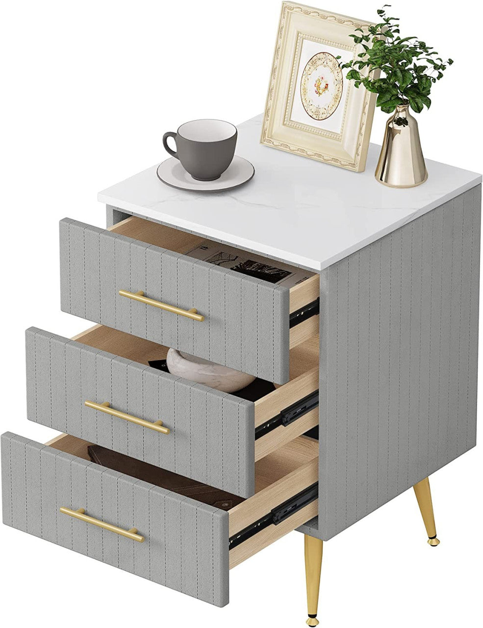 24goodz Nightstand with 3 Solid Wood Drawers - Spacious Storage - MDF and Metal - For All Rooms - Grey