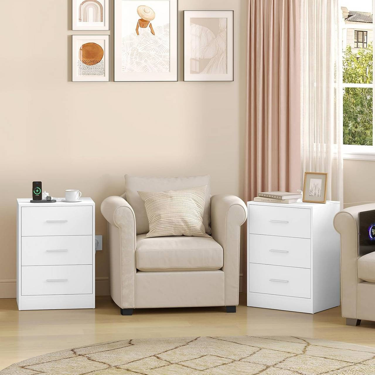 24goodz Nightstand with Charging Station - Versatile Use - E1-Class MDF - For Bedroom or Living Room - White/Black