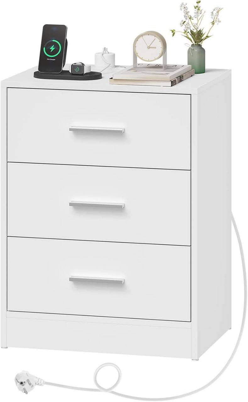 24goodz Nightstand with Charging Station - Versatile Use - E1-Class MDF - For Bedroom or Living Room - White/Black