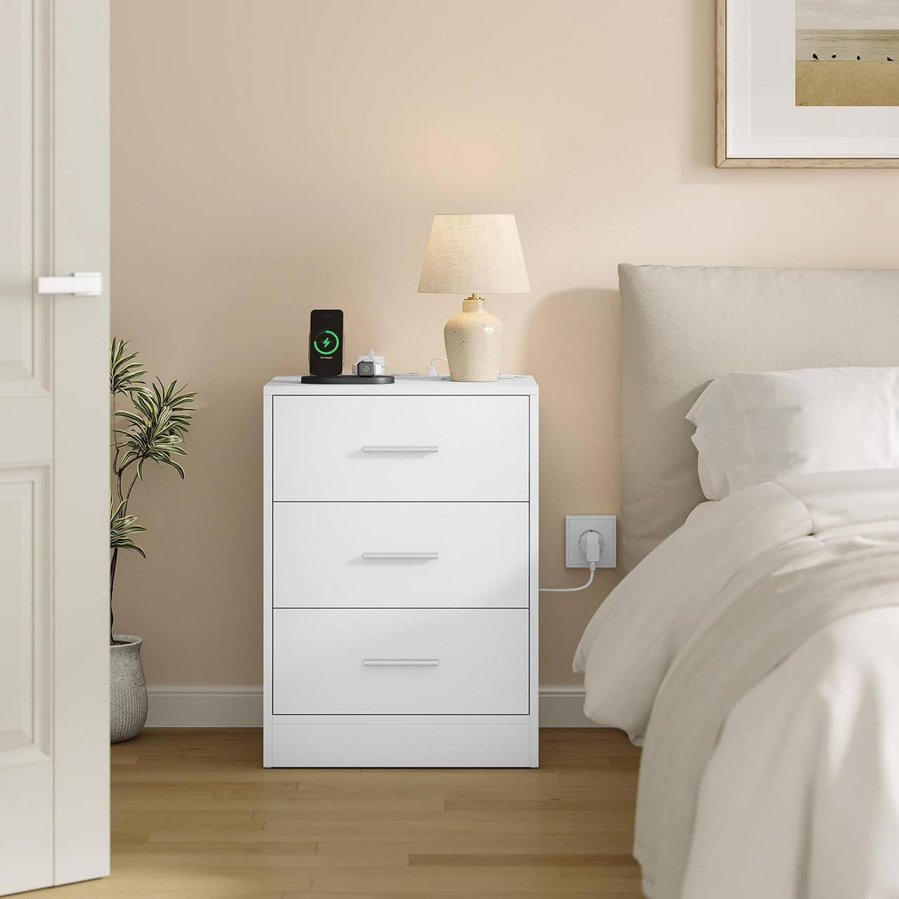 24goodz Nightstand with Charging Station - Versatile Use - E1-Class MDF - For Bedroom or Living Room - White/Black
