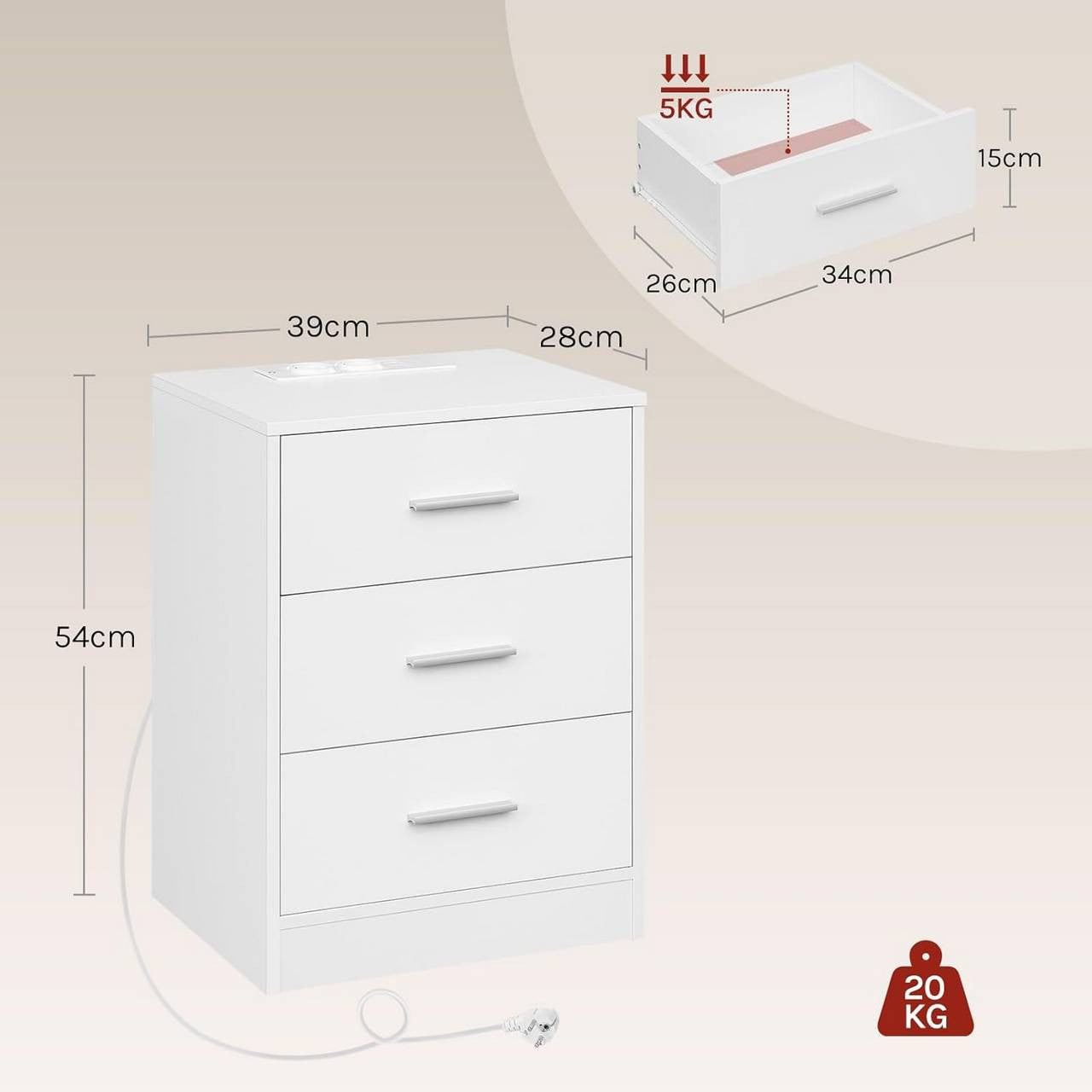 24goodz Nightstand with Charging Station - Versatile Use - E1-Class MDF - For Bedroom or Living Room - White/Black