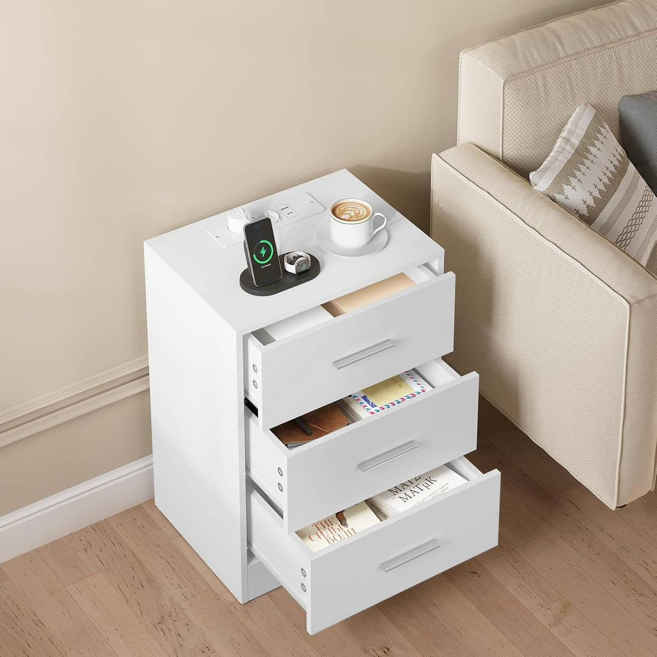 24goodz Nightstand with Charging Station - Versatile Use - E1-Class MDF - For Bedroom or Living Room - White/Black
