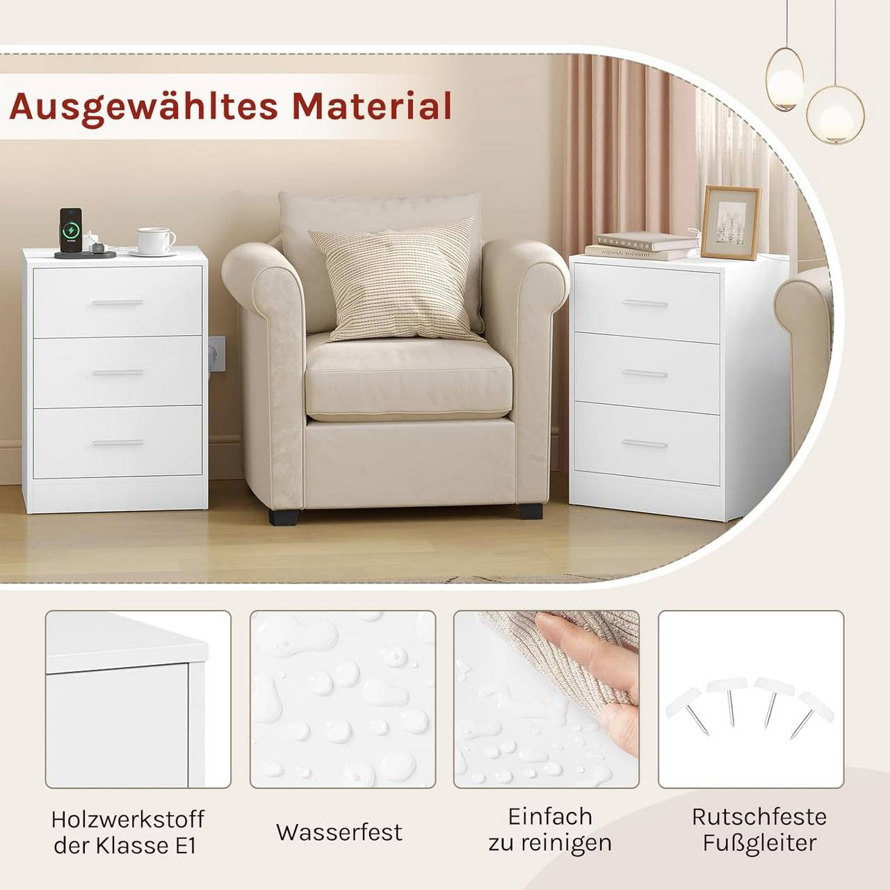 24goodz Nightstand with Charging Station - Versatile Use - E1-Class MDF - For Bedroom or Living Room - White/Black