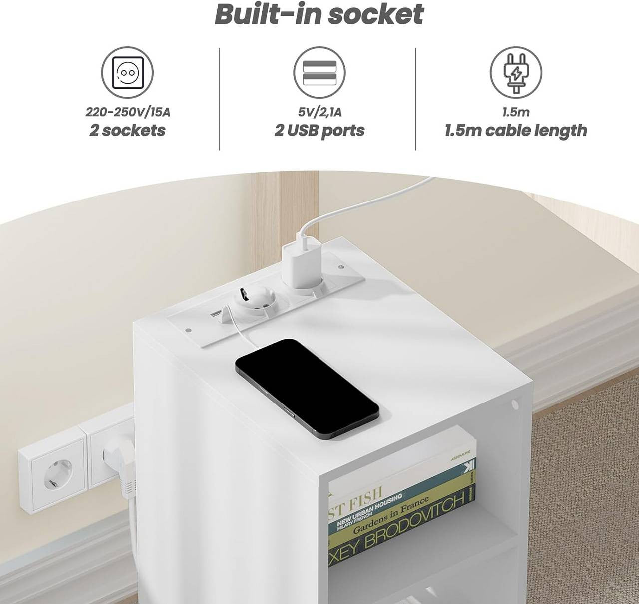 24goodz Nightstand with Charging Function - Spacious Storage - E1 Wood Material - For Bedrooms and Living Rooms - White