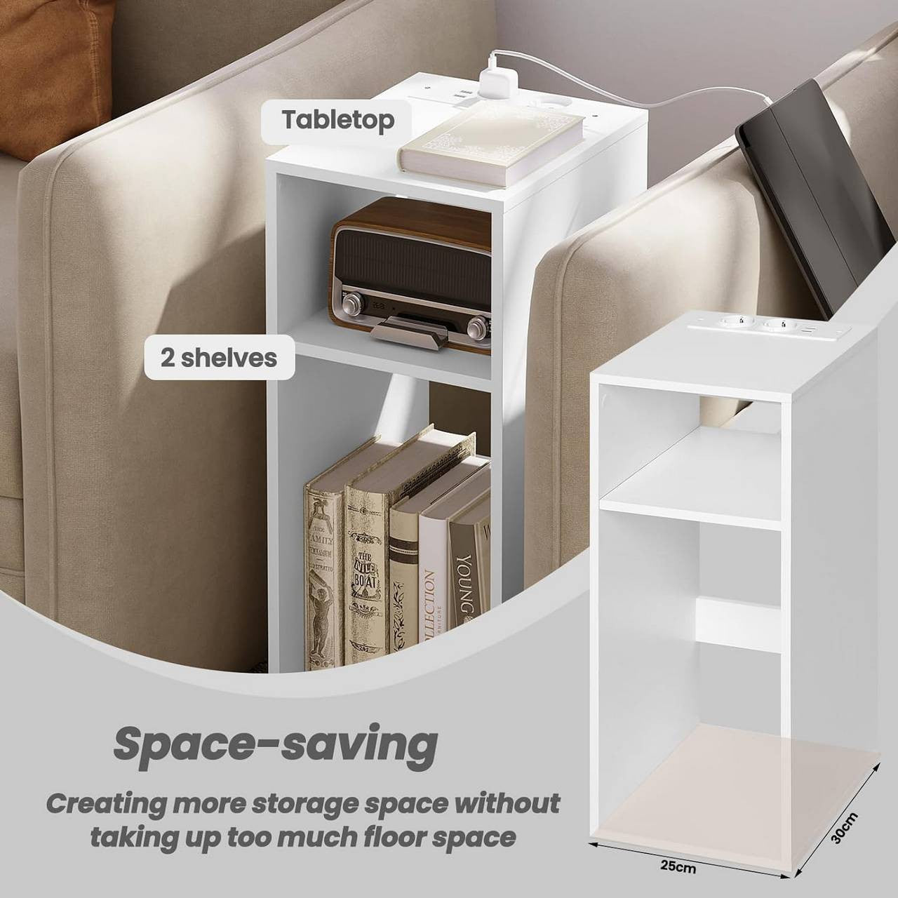 24goodz Nightstand with Charging Function - Spacious Storage - E1 Wood Material - For Bedrooms and Living Rooms - White