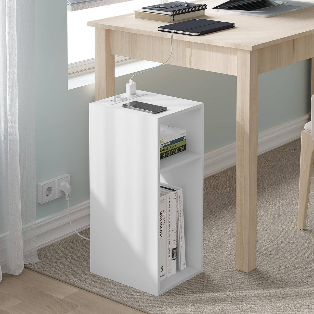 24goodz Nightstand with Charging Function - Spacious Storage - E1 Wood Material - For Bedrooms and Living Rooms - White