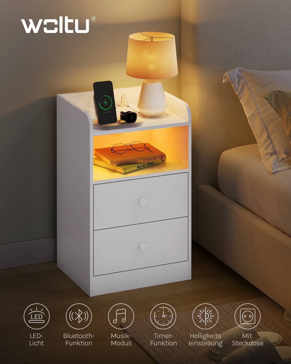24goodz Nightstand with Charging Function - Adjustable LED Light - E1 Wood - For Bedroom and Living Room - White