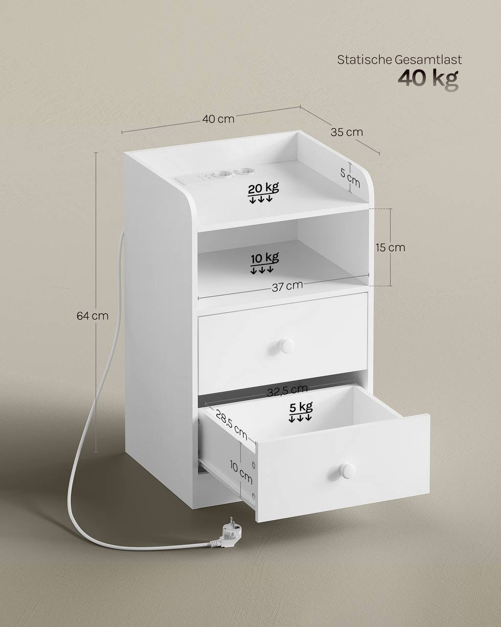 24goodz Nightstand with Charging Function - Adjustable LED Light - E1 Wood - For Bedroom and Living Room - White