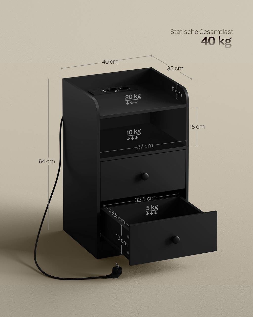 24goodz Nightstand with Charging Function - Adjustable LED Light - E1 Wood - For Bedroom and Living Room - Black