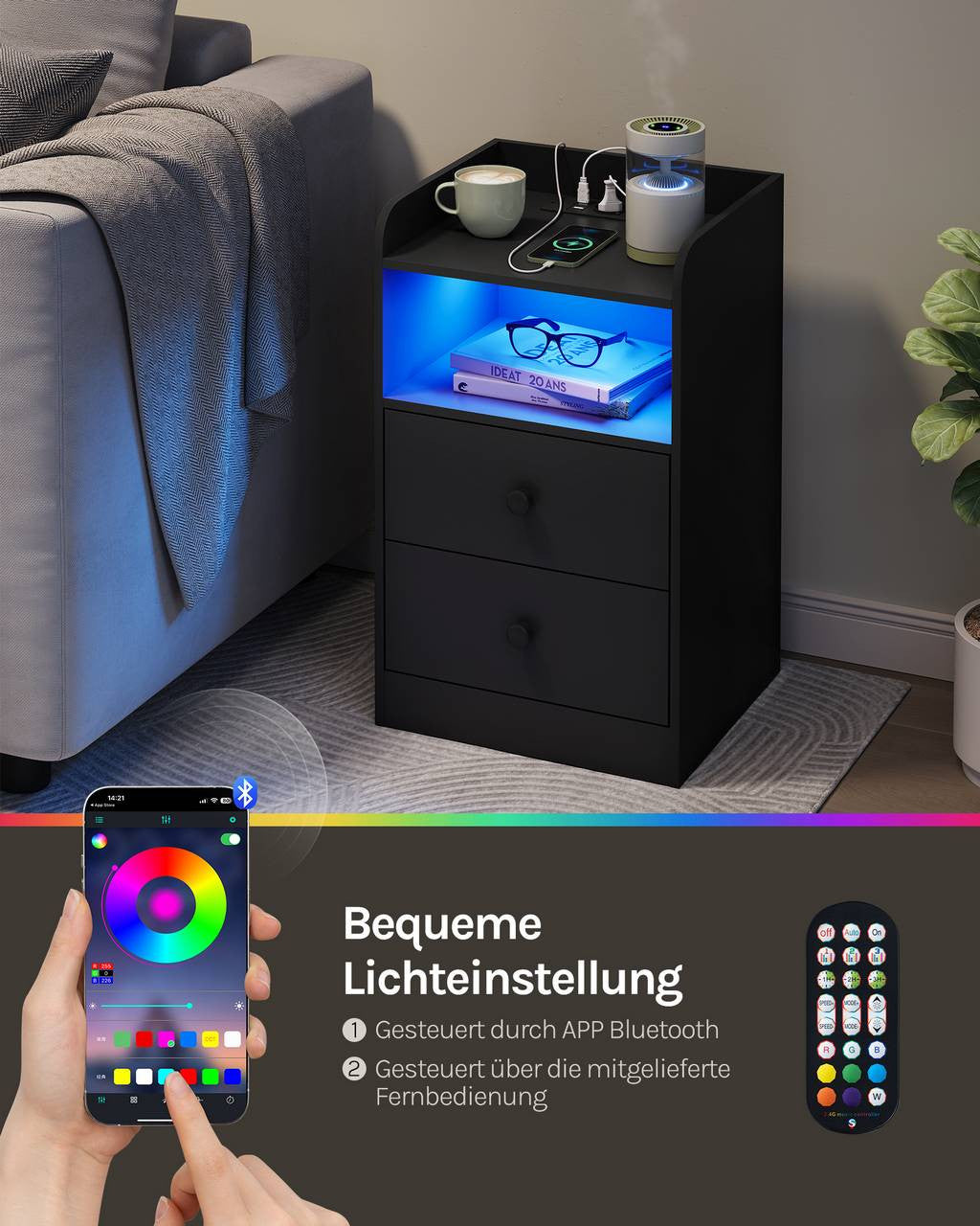 24goodz Nightstand with Charging Function - Adjustable LED Light - E1 Wood - For Bedroom and Living Room - Black