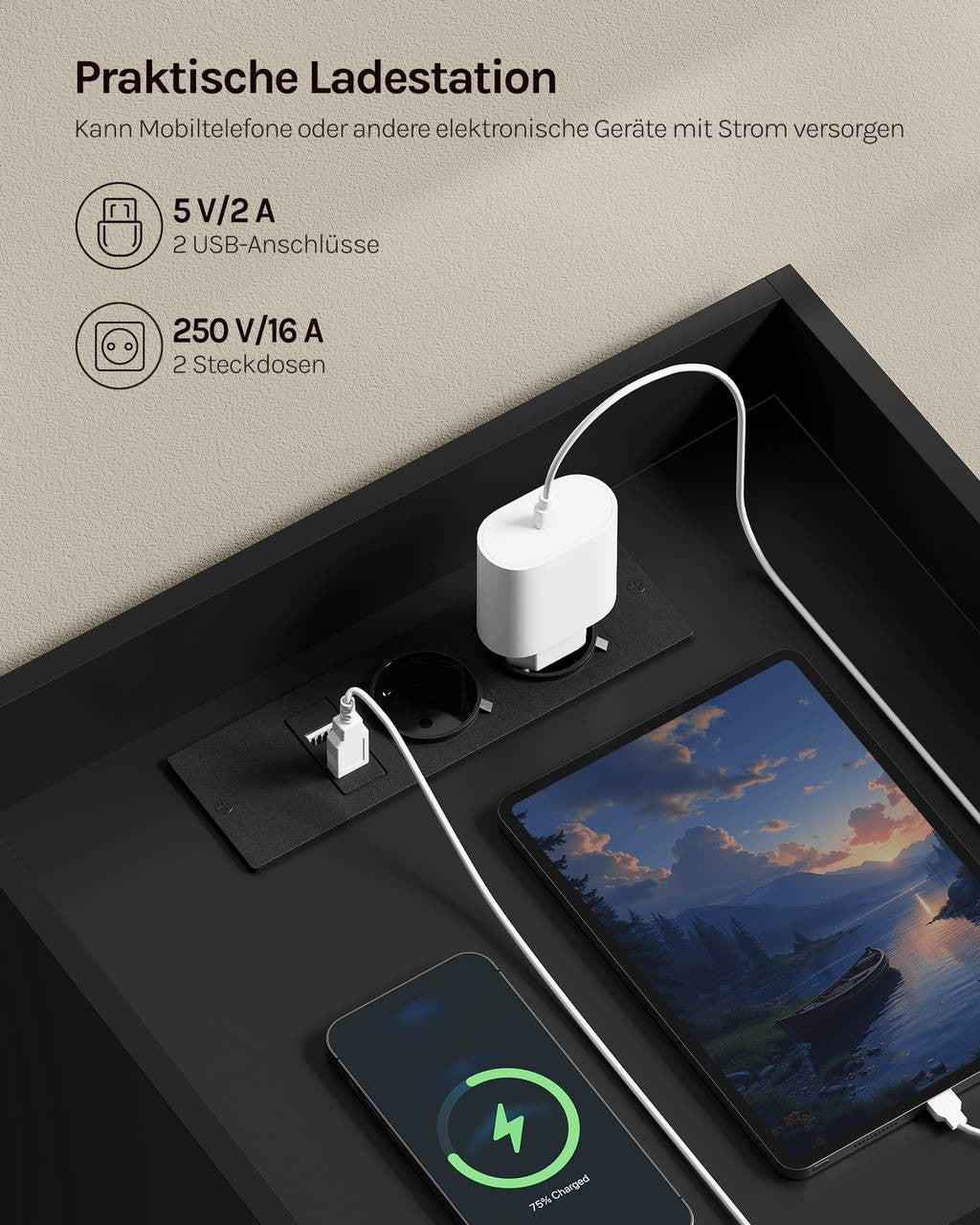 24goodz Nightstand with Charging Function - Adjustable LED Light - E1 Wood - For Bedroom and Living Room - Black