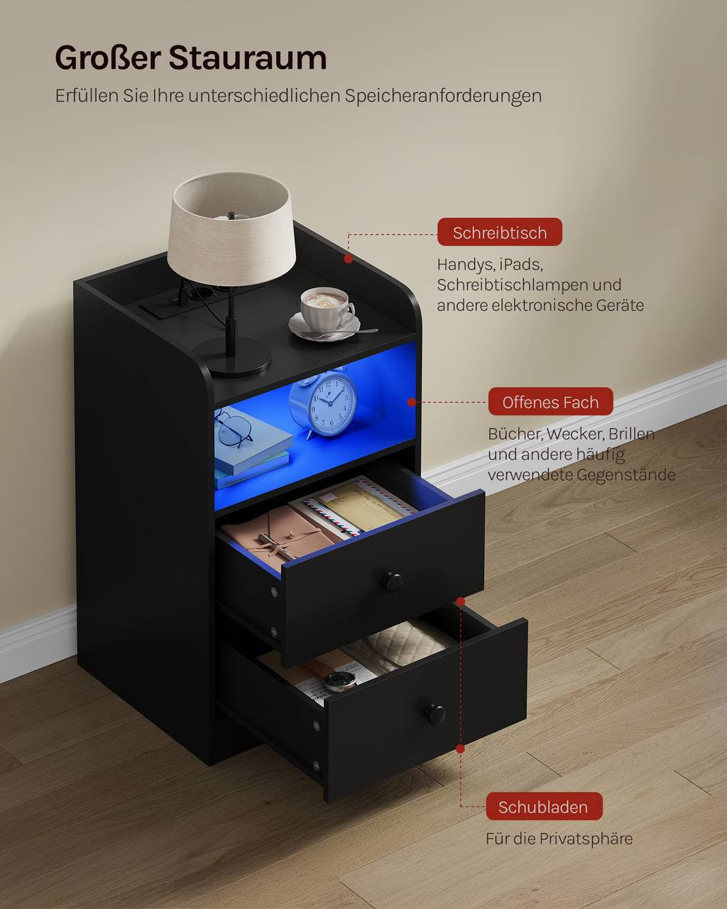 24goodz Nightstand with Charging Function - Adjustable LED Light - E1 Wood - For Bedroom and Living Room - Black