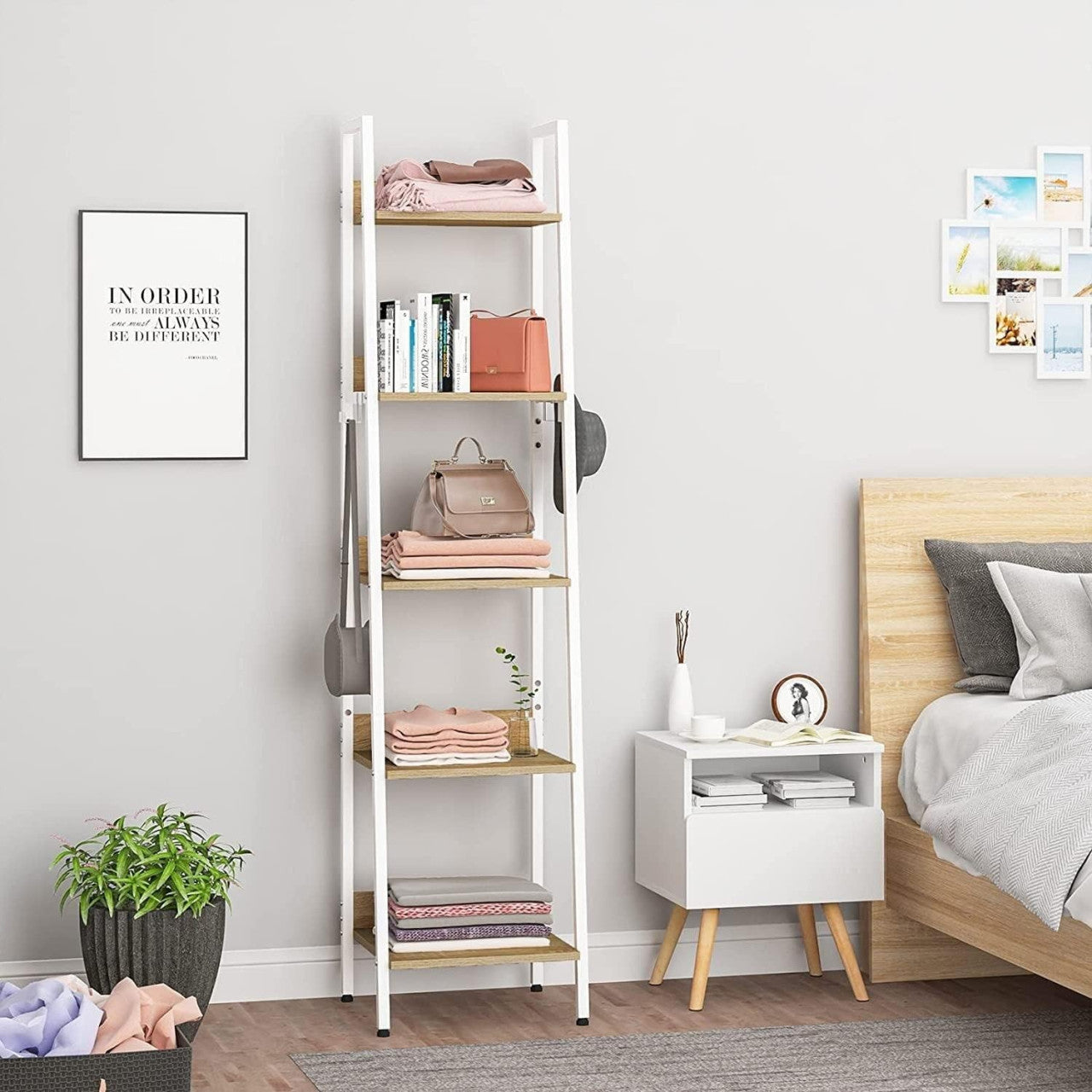 24goodz Nightstand with Drawer and Open Compartment - Space-saving Design - Durable MDF and Solid Wood - For Bedroom and Living Room - White + Wood Colour - ws