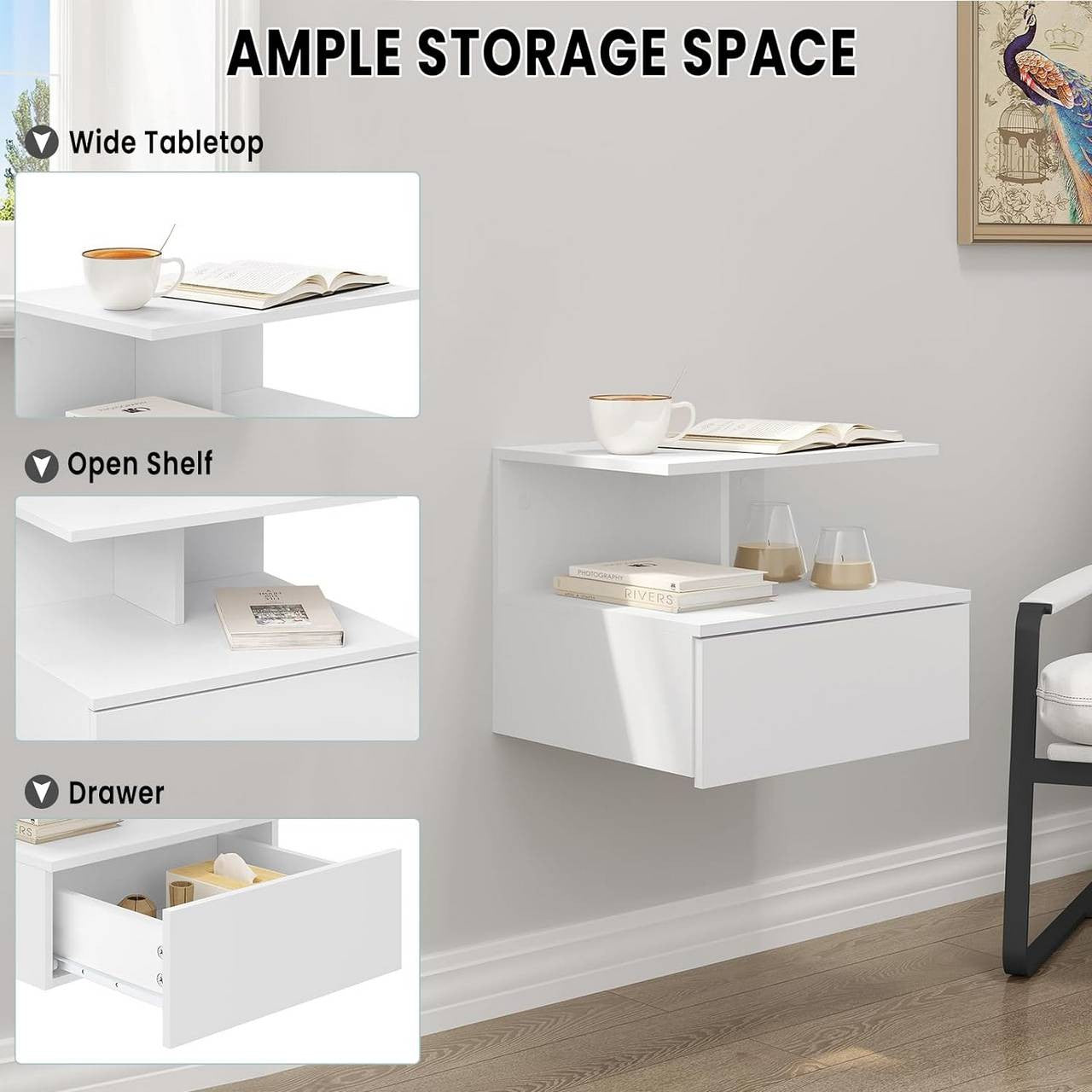 24goodz Wall-Mounted Nightstand - Space-Saving Design - Durable E1 Wood - For Modern Living - White