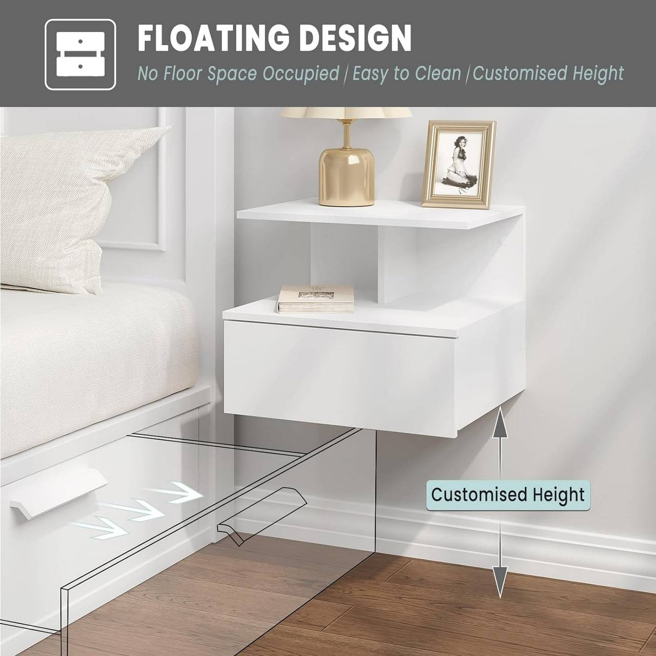 24goodz Wall-Mounted Nightstand - Space-Saving Design - Durable E1 Wood - For Modern Living - White