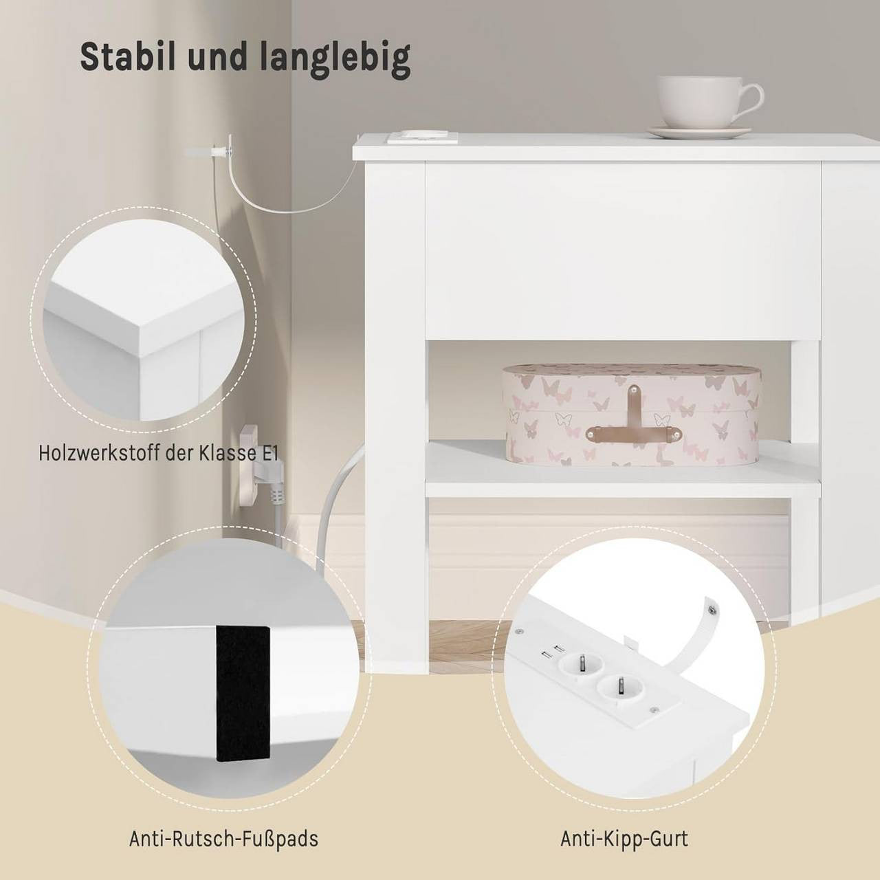 24goodz Nightstand with Charging Function - Space-Saving Design - E1 Wood Material - For All Rooms - White - 30x65x45 cm