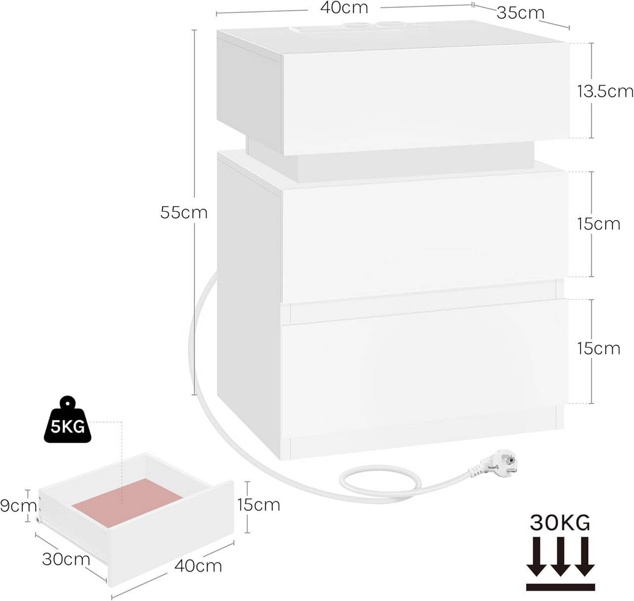 24goodz Nightstand with Charging Function - Adjustable LED Lighting - E1 Quality Wood - For Bedroom and Living Room - White