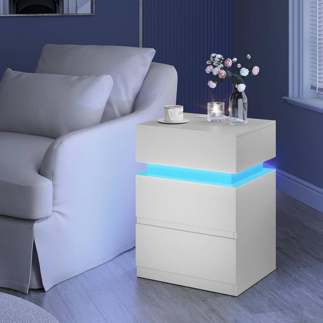 24goodz Nightstand with Charging Function - Adjustable LED Lighting - E1 Quality Wood - For Bedroom and Living Room - White