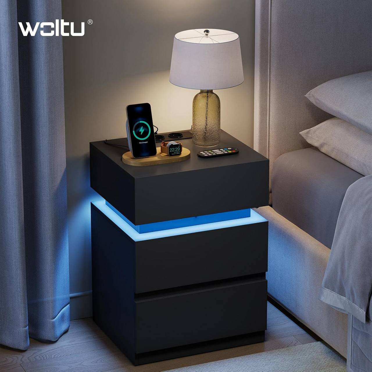 24goodz Nightstand with Charging Function - Adjustable LED Lighting - E1 Quality Wood - For Modern Living - Black