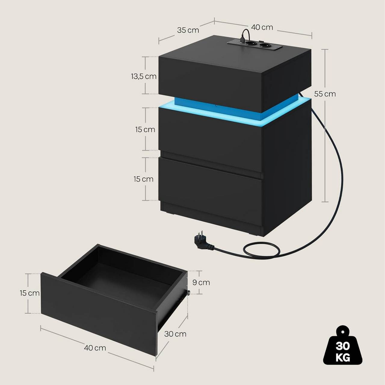 24goodz Nightstand with Charging Function - Adjustable LED Lighting - E1 Quality Wood - For Modern Living - Black