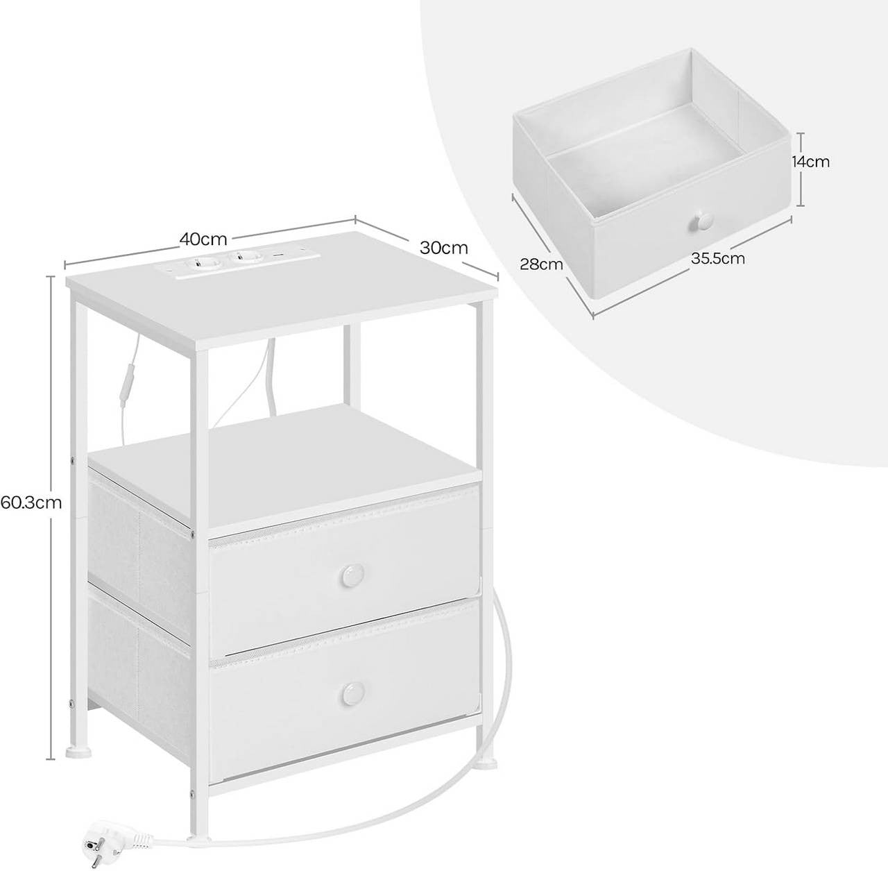 24goodz Nightstand with Charging Function - Integrated Power Outlet - MDF - For Modern Living Spaces - White