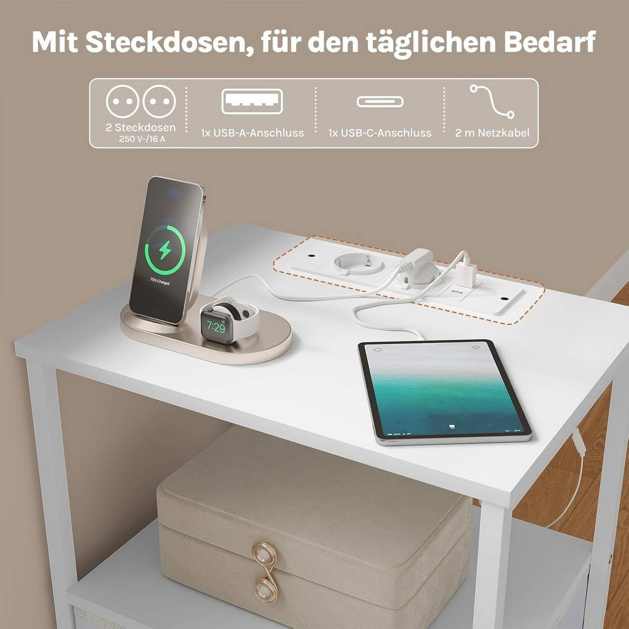 24goodz Nightstand with Charging Function - Integrated Power Outlet - MDF - For Modern Living Spaces - White