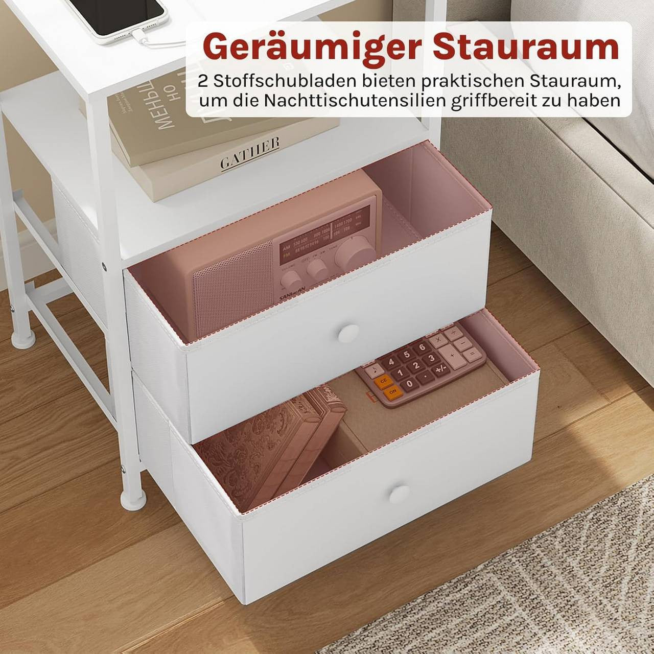 24goodz Nightstand with Charging Function - Integrated Power Outlet - MDF - For Modern Living Spaces - White