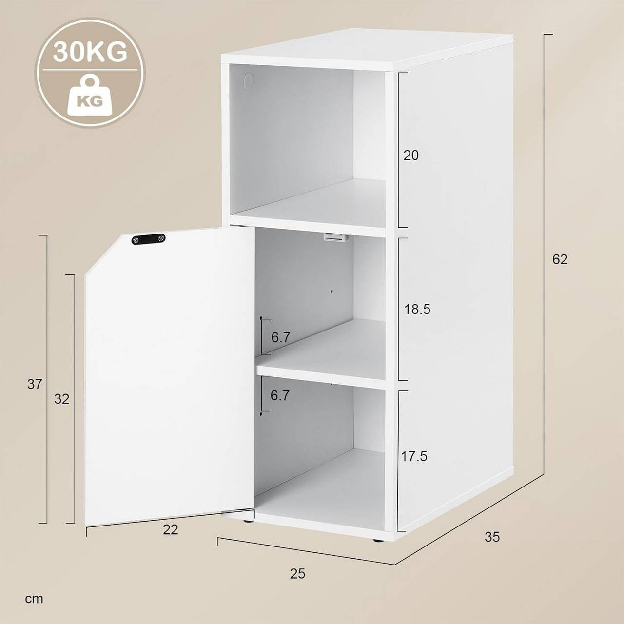 24goodz Slim Nightstand - Reliable Quality - Versatile Storage - E1 Wood Material - White - 25 x 62 x 35 cm