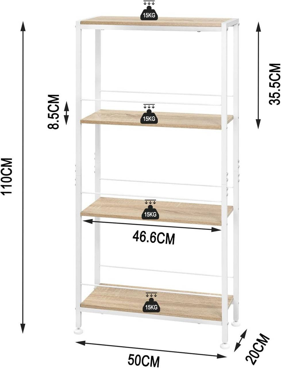 24goodz 4-Tier Freestanding Shelf - Strong Construction - Flexible Use - E1 MDF + Metal - Light Oak + White - 50x110x20 cm