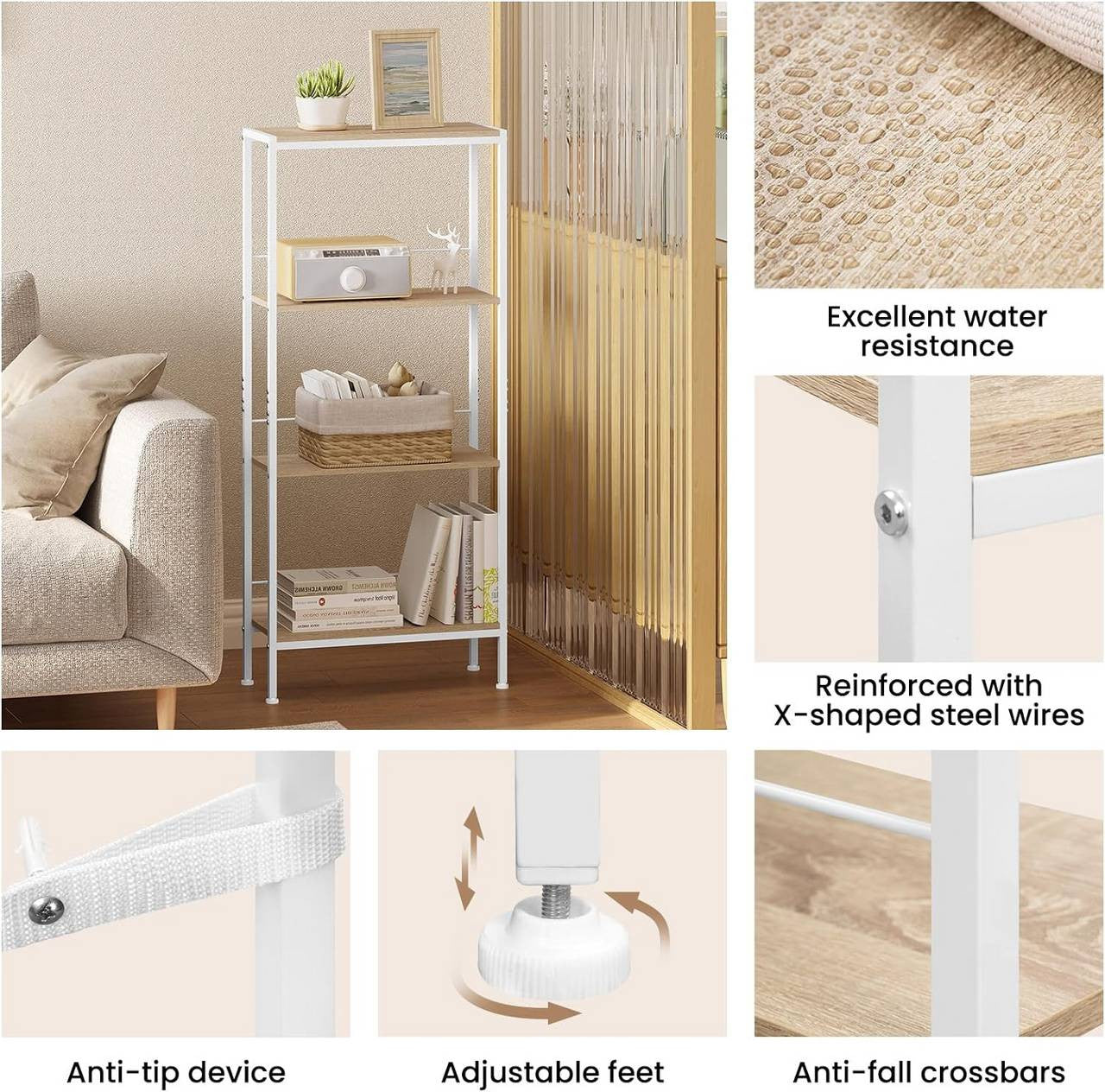 24goodz 4-Tier Freestanding Shelf - Strong Construction - Flexible Use - E1 MDF + Metal - Light Oak + White - 50x110x20 cm