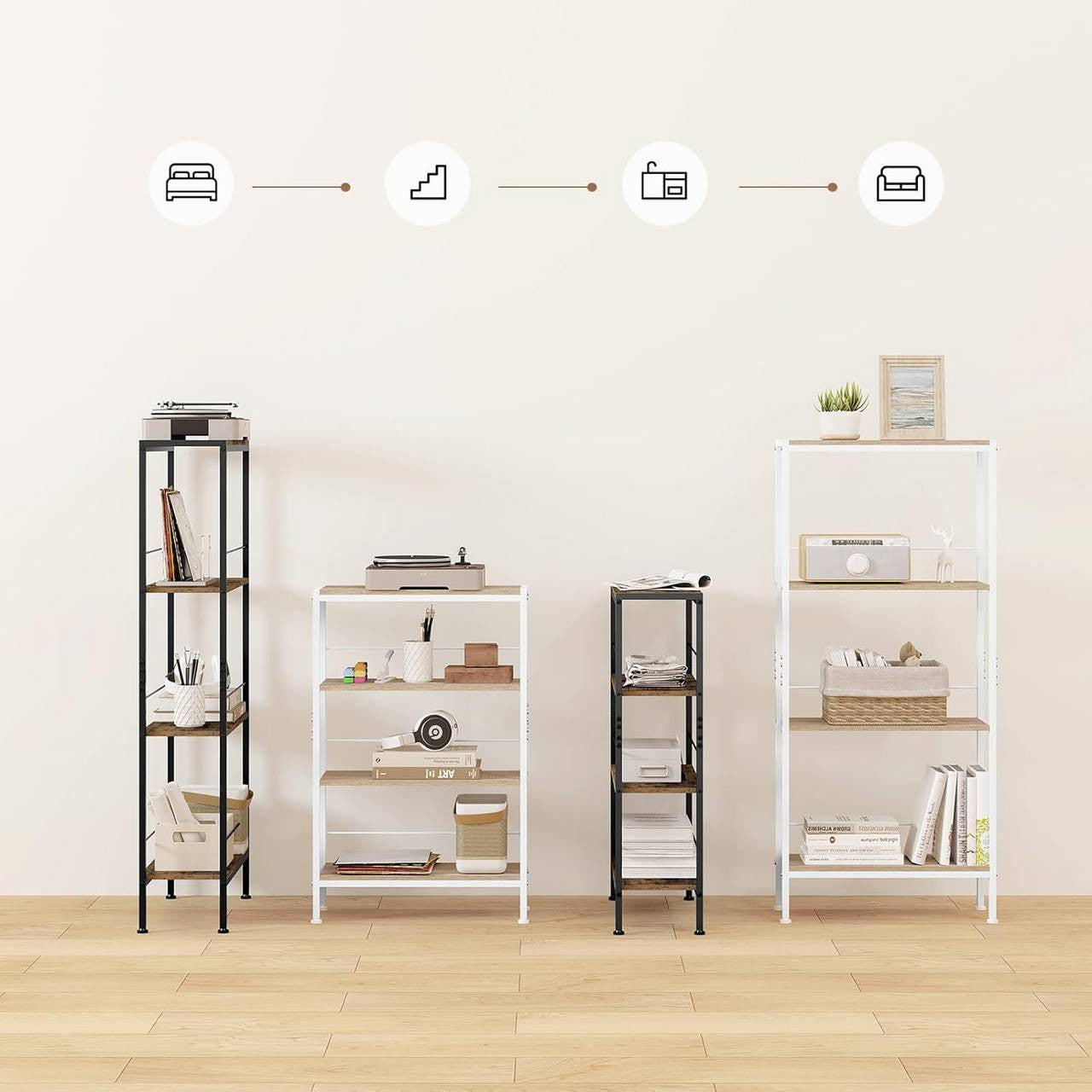 24goodz 4-Tier Freestanding Shelf - Strong Construction - Flexible Use - E1 MDF + Metal - Light Oak + White - 50x110x20 cm