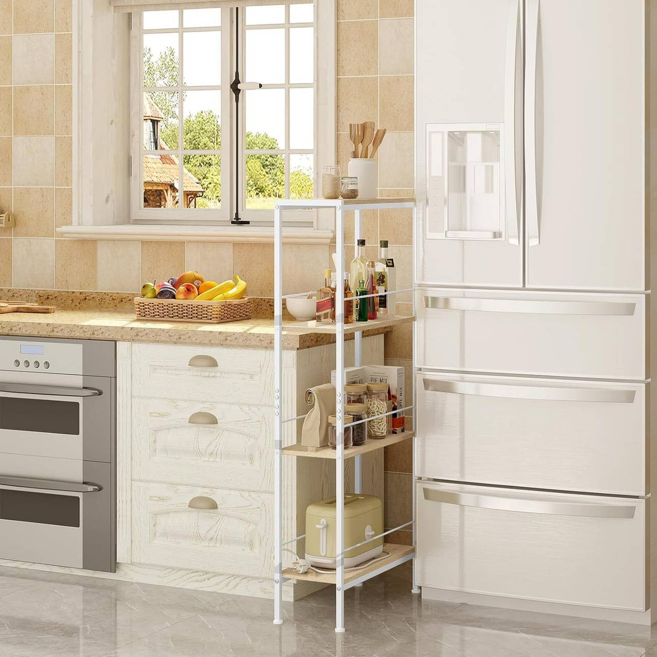 24goodz 4-Tier Freestanding Shelf - Strong Construction - Flexible Use - E1 MDF + Metal - Light Oak + White - 50x110x20 cm