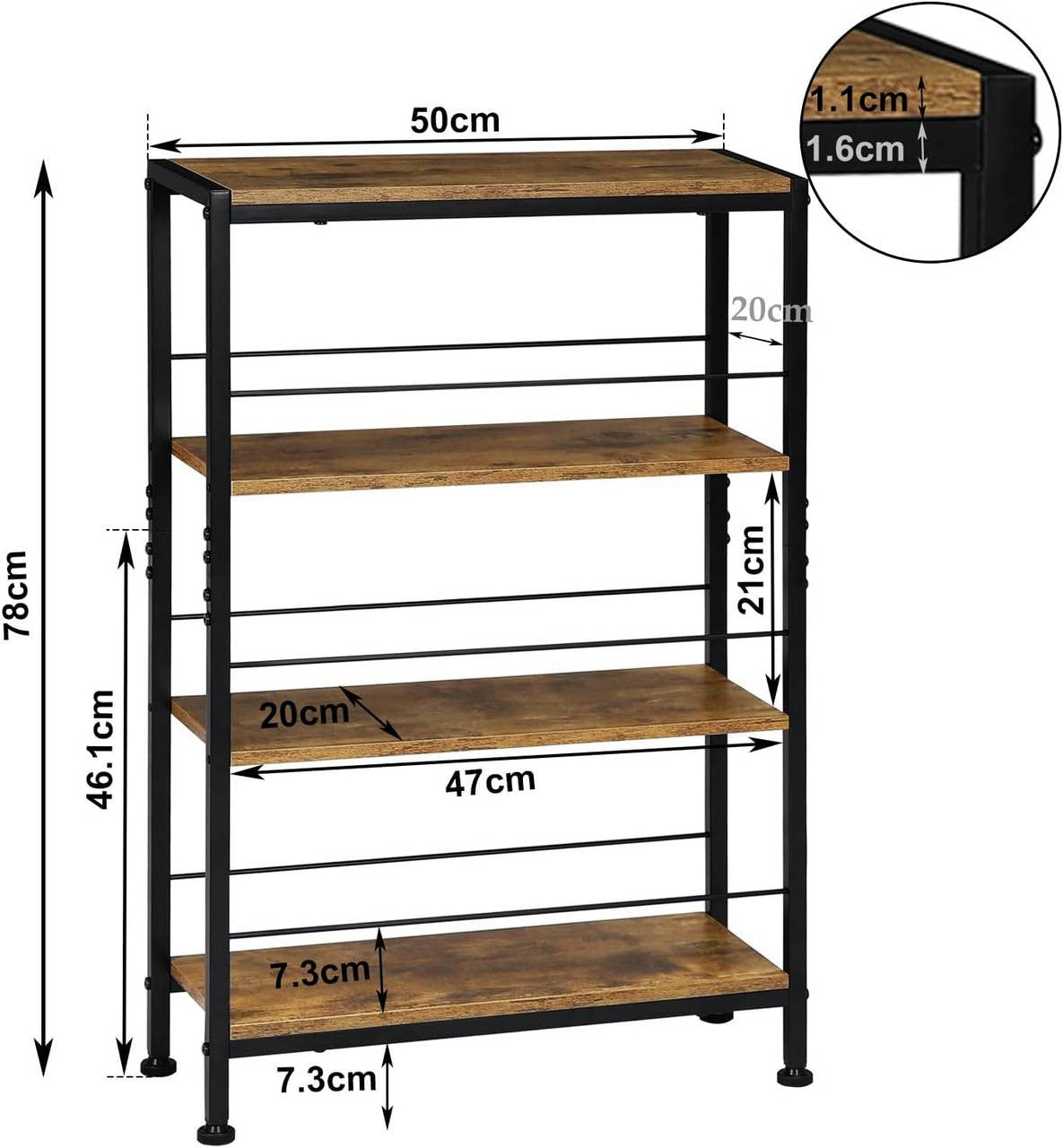 24goodz 4-Tier Freestanding Shelf - Sturdy Construction - Ample Storage Space - E1 MDF + Metal - Vintage Brown + Black - 50x78x20cm