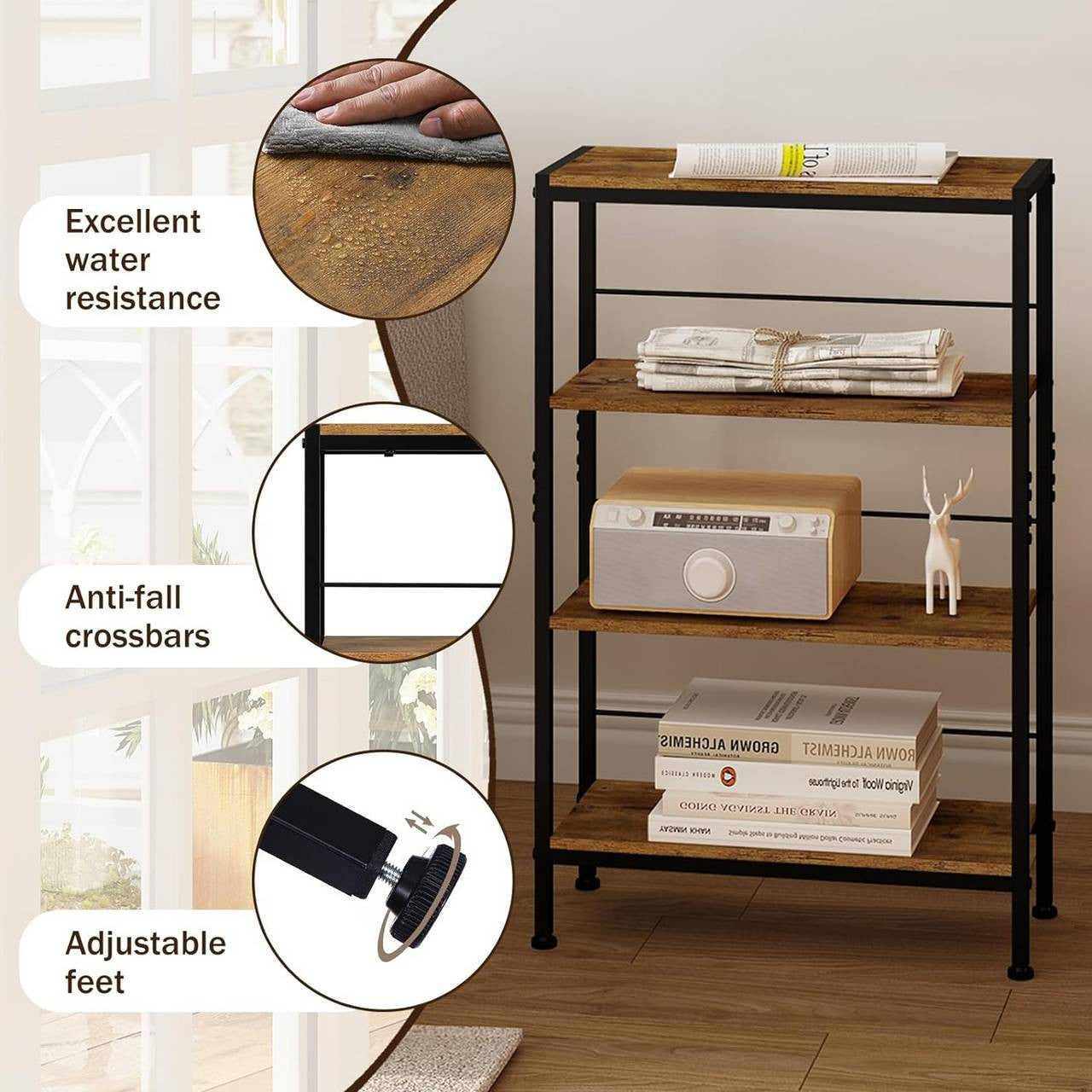 24goodz 4-Tier Freestanding Shelf - Sturdy Construction - Ample Storage Space - E1 MDF + Metal - Vintage Brown + Black - 50x78x20cm