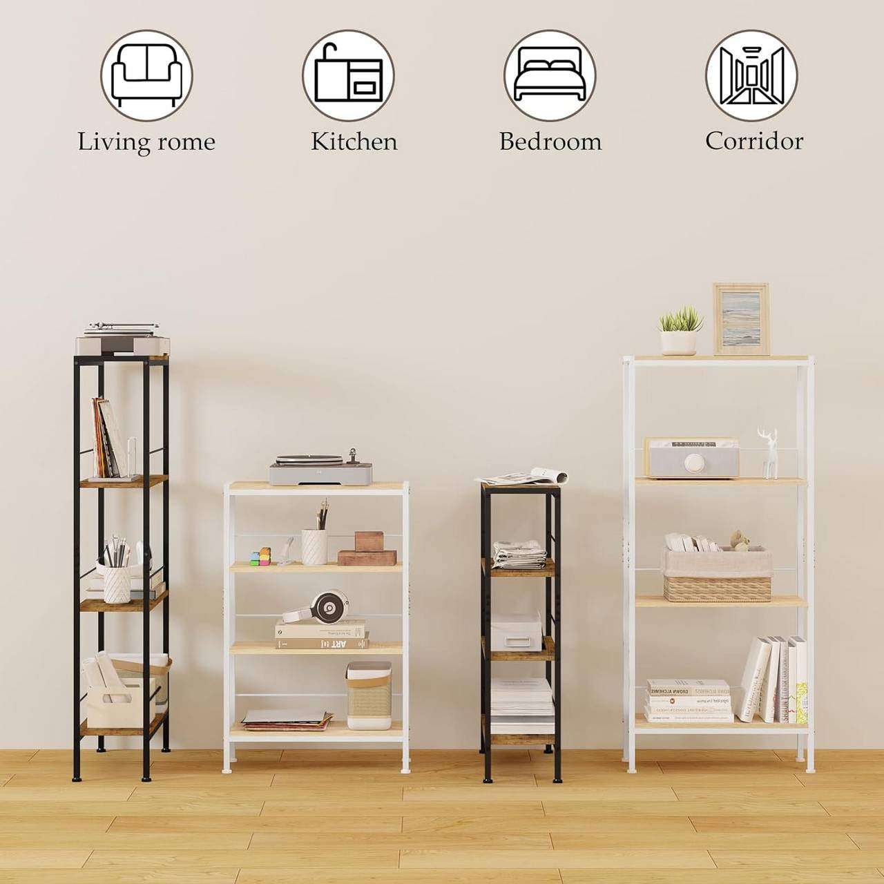 24goodz 4-Tier Freestanding Shelf - Sturdy Construction - Ample Storage Space - E1 MDF + Metal - Vintage Brown + Black - 50x78x20cm