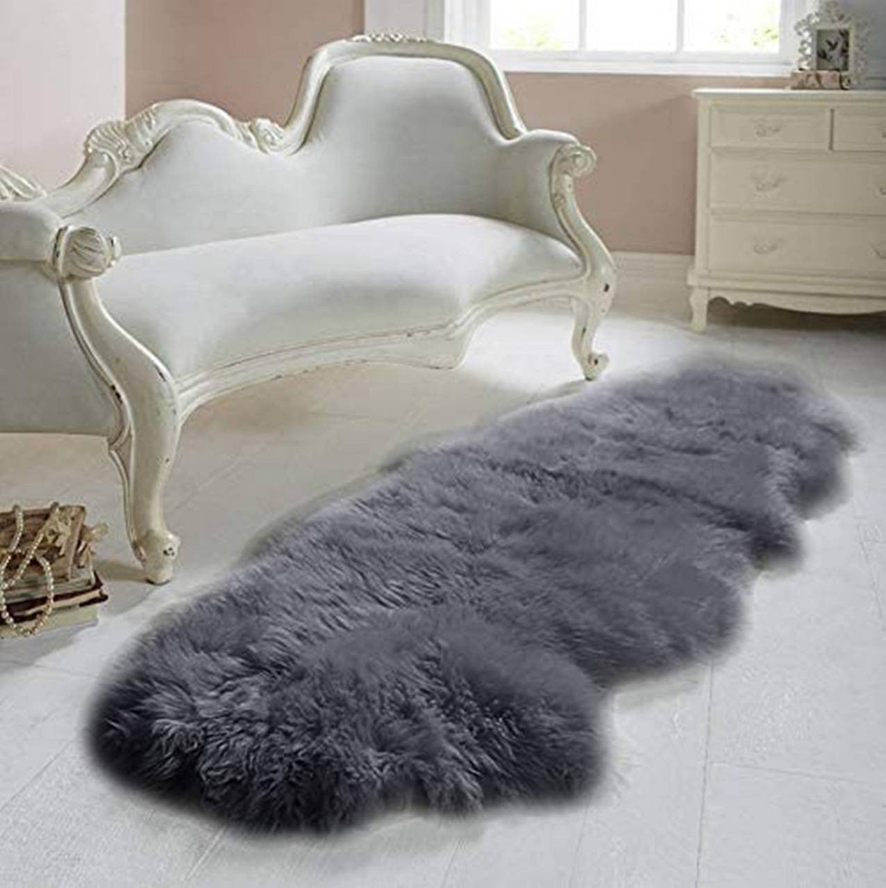 24goodz Eco Lambskin Rug - 100% Natural Wool - Self-Cleaning Properties - 100% Natural Wool from New Zealand - Light Grey - (170-178)x55cm - hgr
