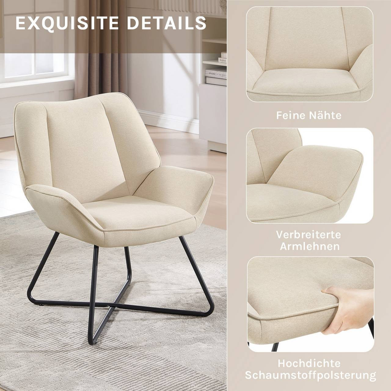 24goodz Wing Chair - Ergonomic Design - High Stability - Linen - For Relaxation - Beige/Dark Grey