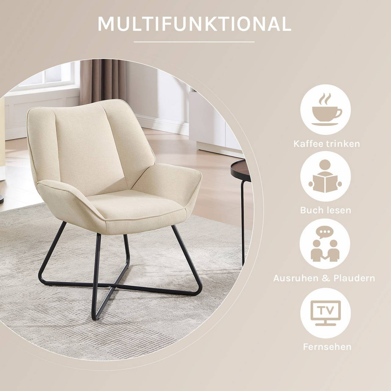 24goodz Wing Chair - Ergonomic Design - High Stability - Linen - For Relaxation - Beige/Dark Grey