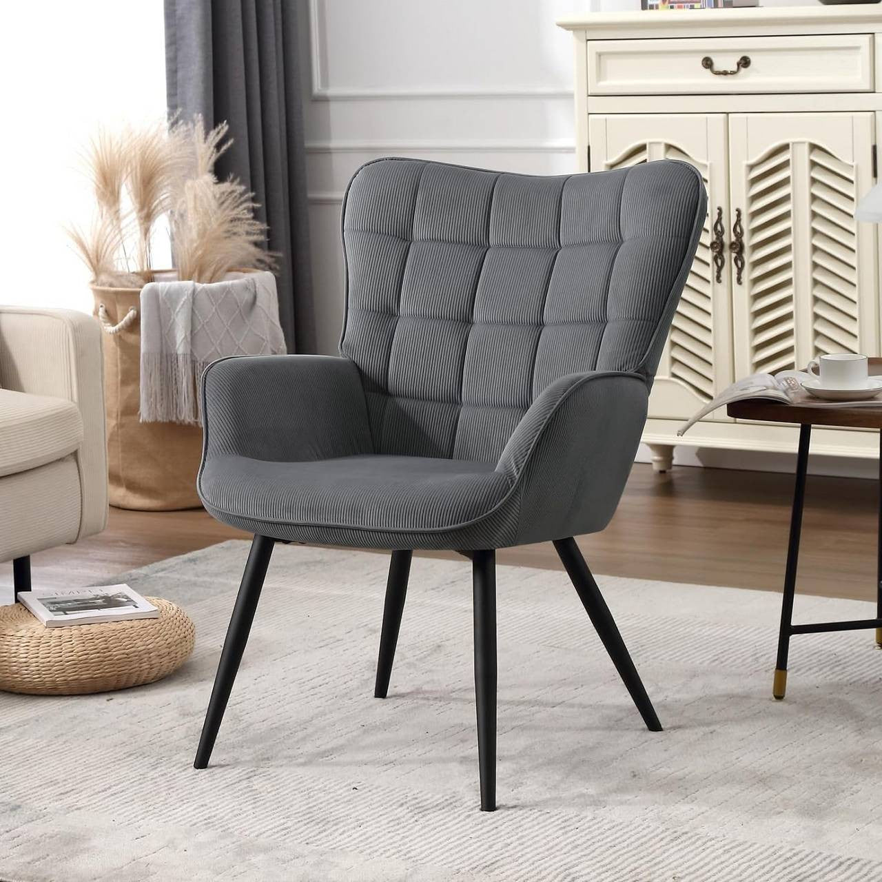 24goodz Wing Chair - Full Comfort - Ergonomic Design - Fabric and Metal - For Home Use - Dark Grey