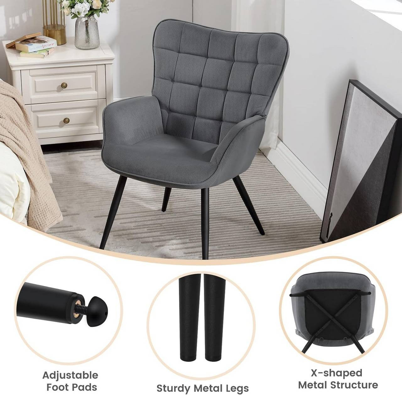 24goodz Wing Chair - Full Comfort - Ergonomic Design - Fabric and Metal - For Home Use - Dark Grey