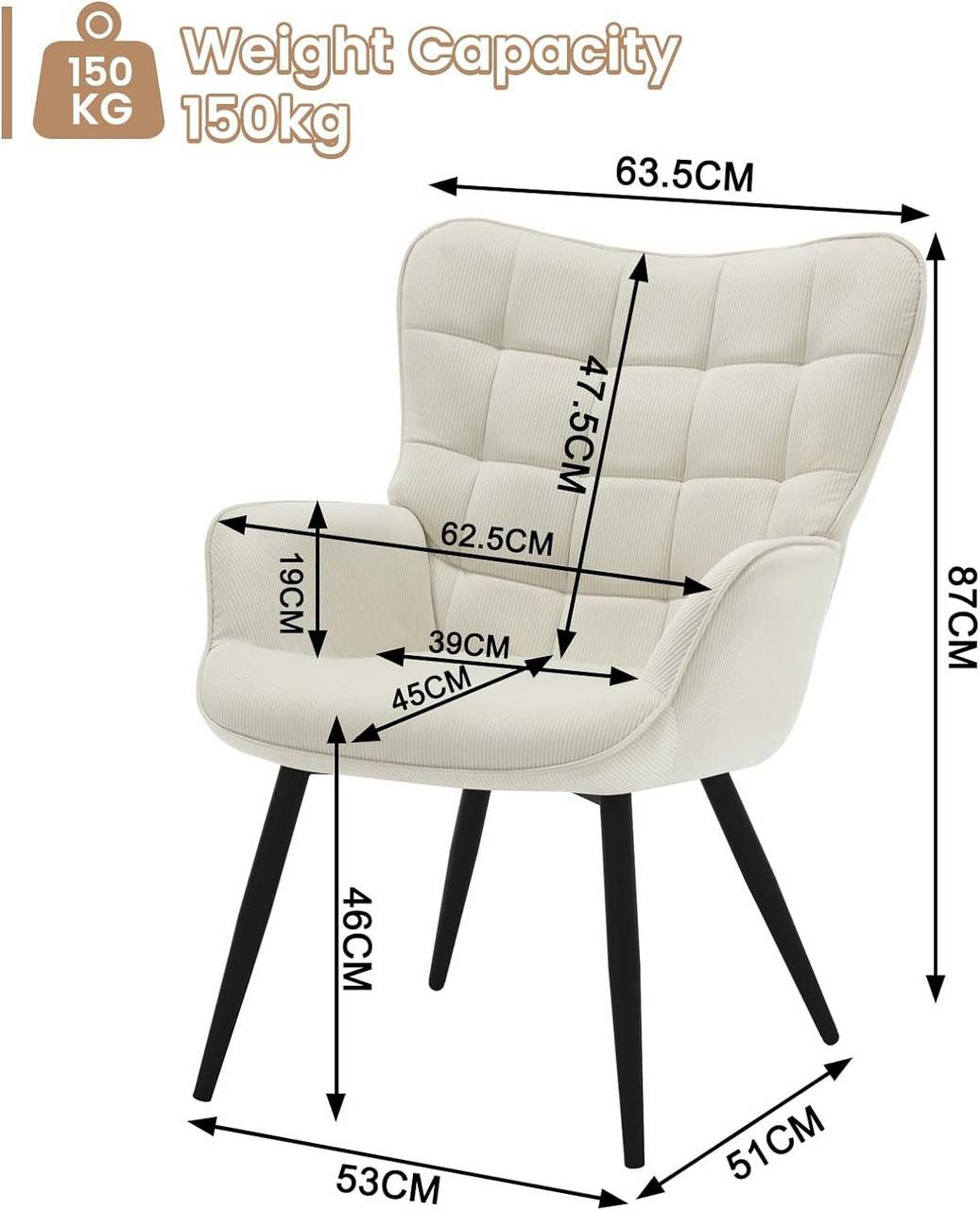 24goodz Wing Chair - Full Comfort - Ergonomic Design - Fabric and Metal - For Home Relaxation - Cream White